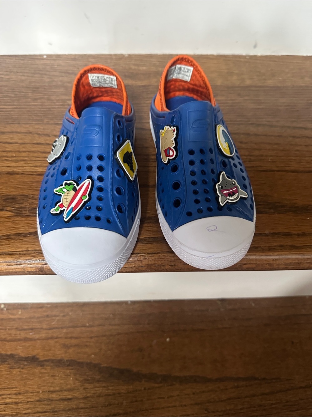 Sketchers Foamies Kids Blue Slip-On Clog Sneakers with Orange Trim